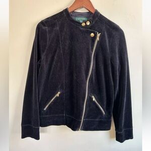Lauren Ralph Lauren Y2K Velour Jacket Womens Size M navy blue Moto Zip Velvet